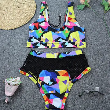 Women's cross strap fishnet high waist bikini set in multicolor checkered pattern, polyester swimsuit with top and shorts