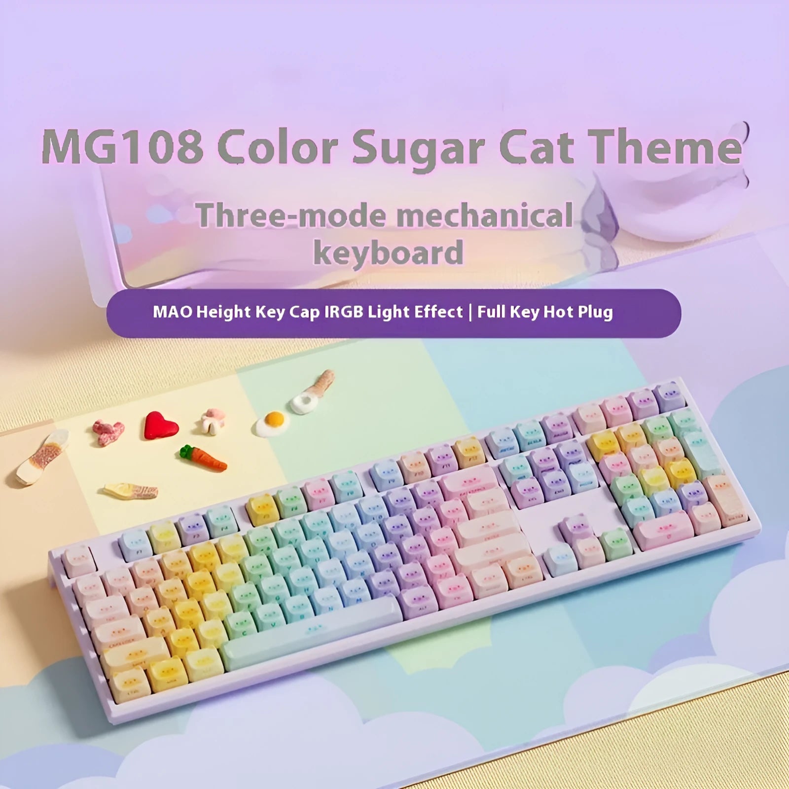 Coloured sugar cat design Bluetooth mechanical keyboard with piano switches