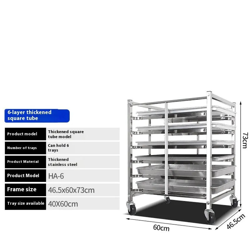 Stainless steel six-layer baking tray rack for 40x60cm sheets in a commercial kitchen.