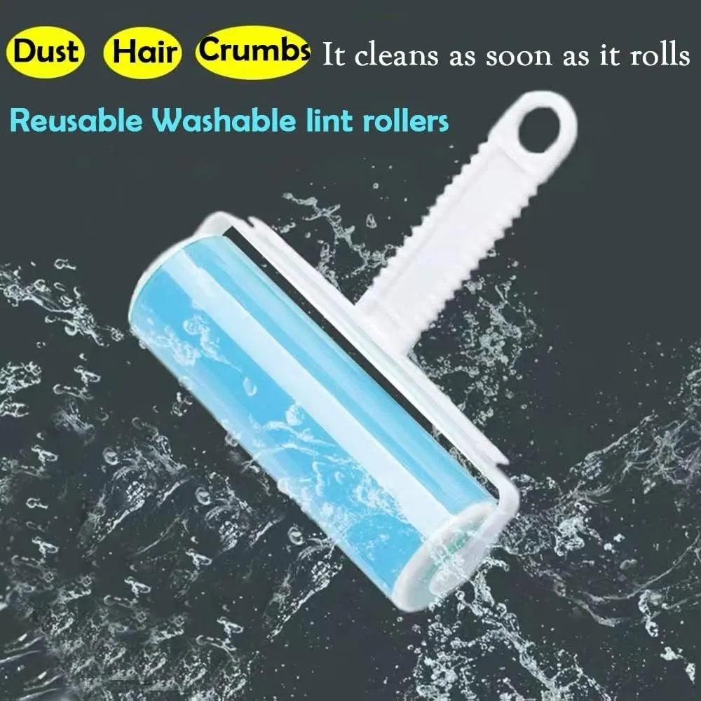 Washable reusable lint roller for pet hair removal in blue, green, pink, or yellow with cover.