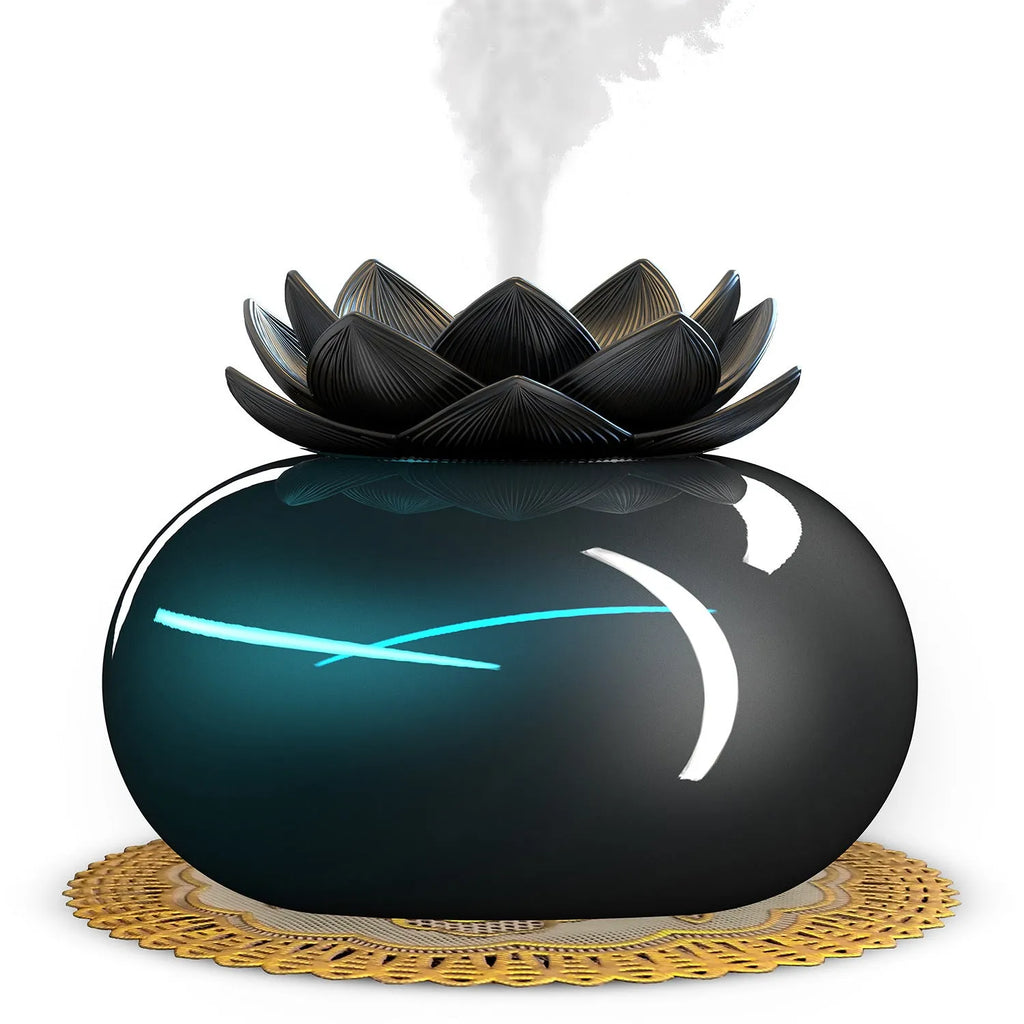 Pure black lotus aromatherapy humidifier with USB connection and ceramic construction