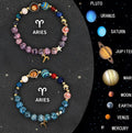 Two natural stone beaded bracelets for zodiac signs laid flat, showing varied bead colours and styles.