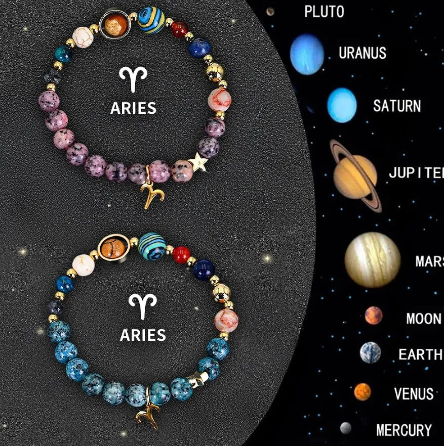 Two natural stone beaded bracelets for zodiac signs laid flat, showing varied bead colours and styles.