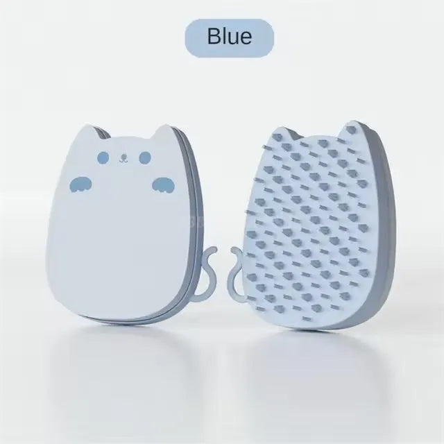 Blue silicone sponge pet grooming brush with two types of comb teeth on a white background.