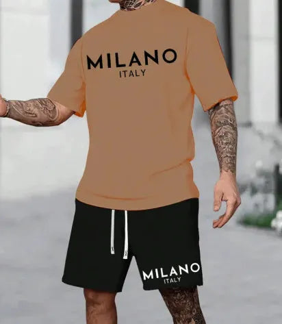 Men's short sleeve suit set with round neck pullover top and matching shorts in five colour options
