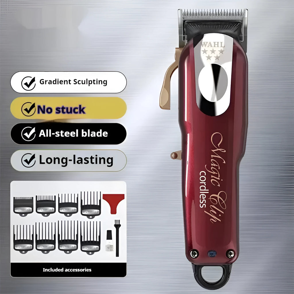 Charging hair clipper set with stainless steel cutter heads and EU, UK, US plug adaptors for adults and children