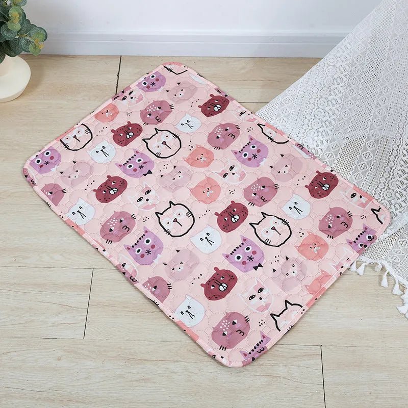 Washable waterproof pet urine pad showing animal pattern design and size options