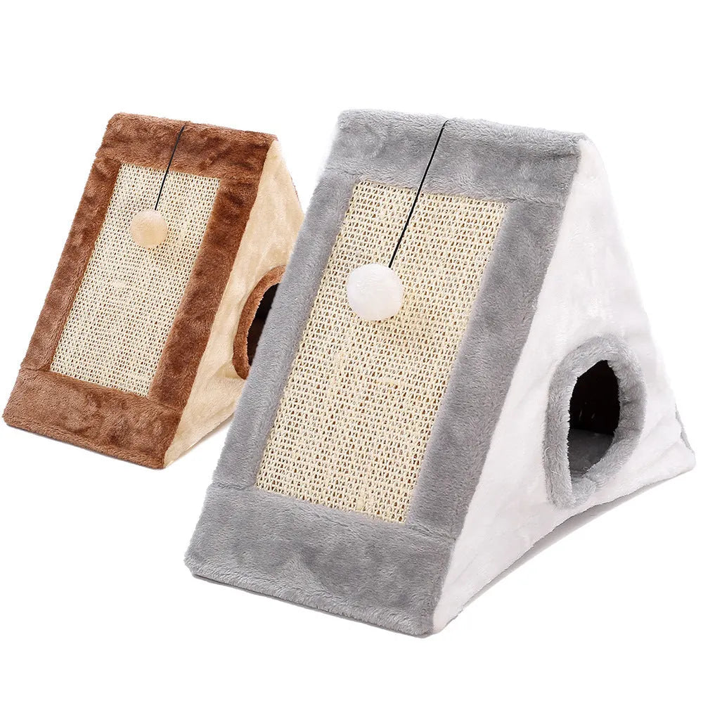 Triangle-shaped cat scratching post and enclosed bed in grey and white colour combination.