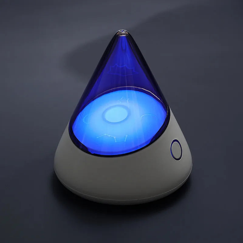Colourful small geometric night lamp with built-in battery and Type-C charging cable on a wooden shelf