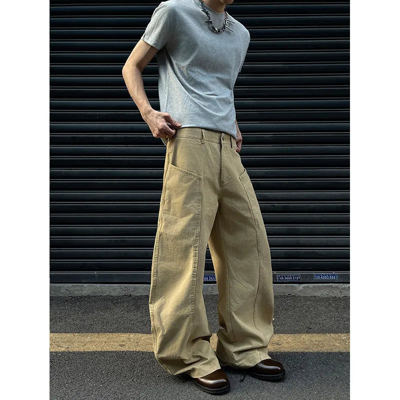 Men's khaki cotton straight-leg trousers showing American retro styling and solid colour