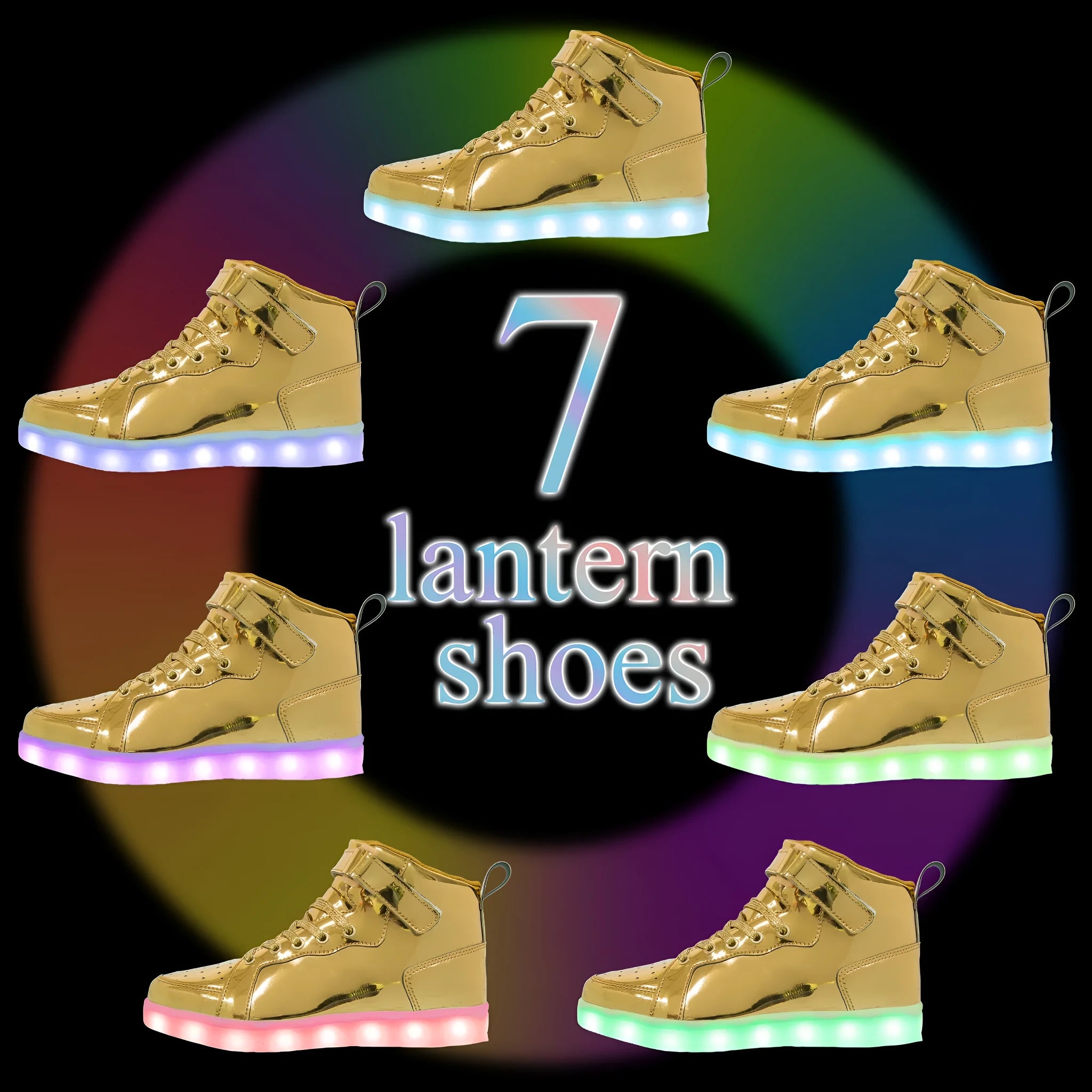 Black high-top LED light-up shoes with Velcro strap and glowing soles