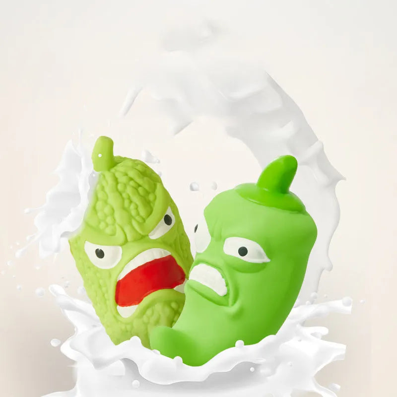 Bitter melon and chilli shaped dog toy with textured teeth cleaning surfaces and sound effects