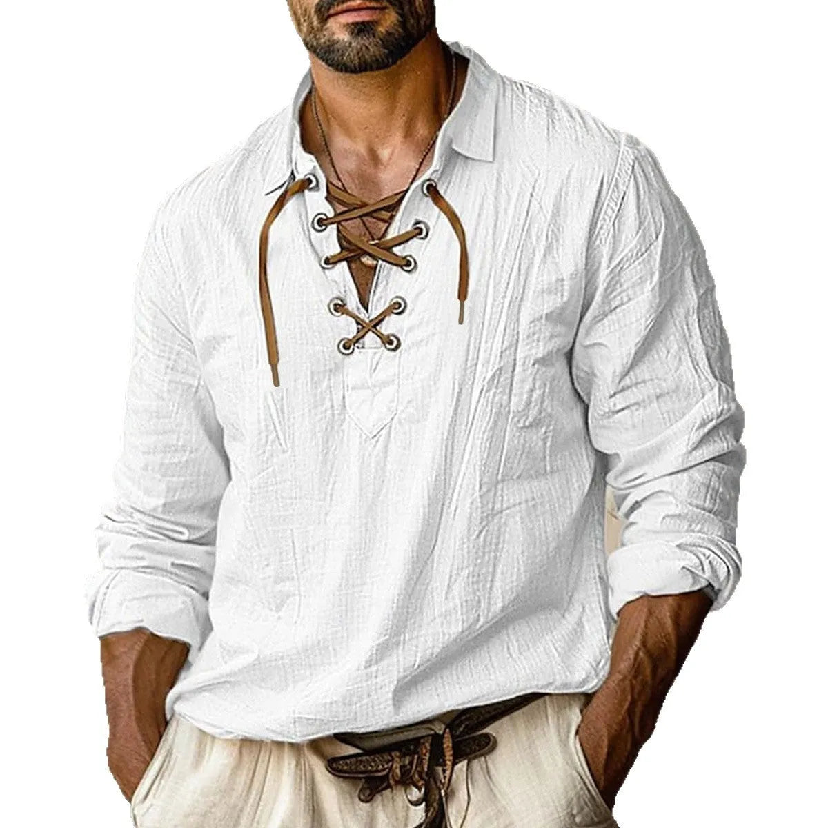 Men's loose fit plus size linen shirt with lapels and lace detailing in a solid colour.