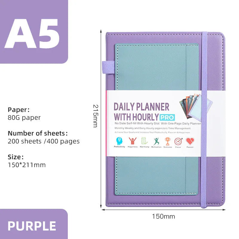 Creative trend undated notebook with strap closure in purple, available with planning stickers.
