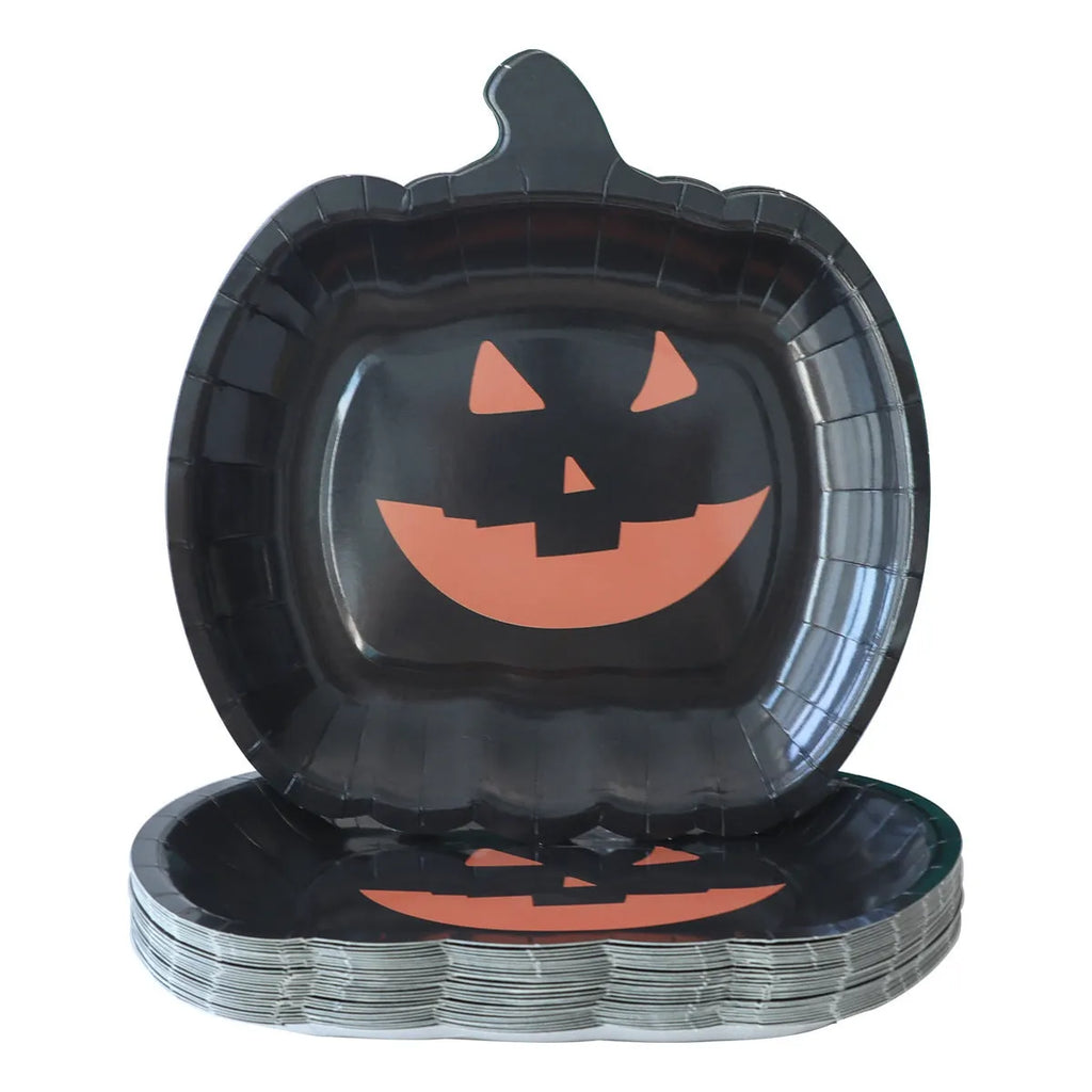Black pumpkin design disposable paper plates in 9-inch size for Halloween parties