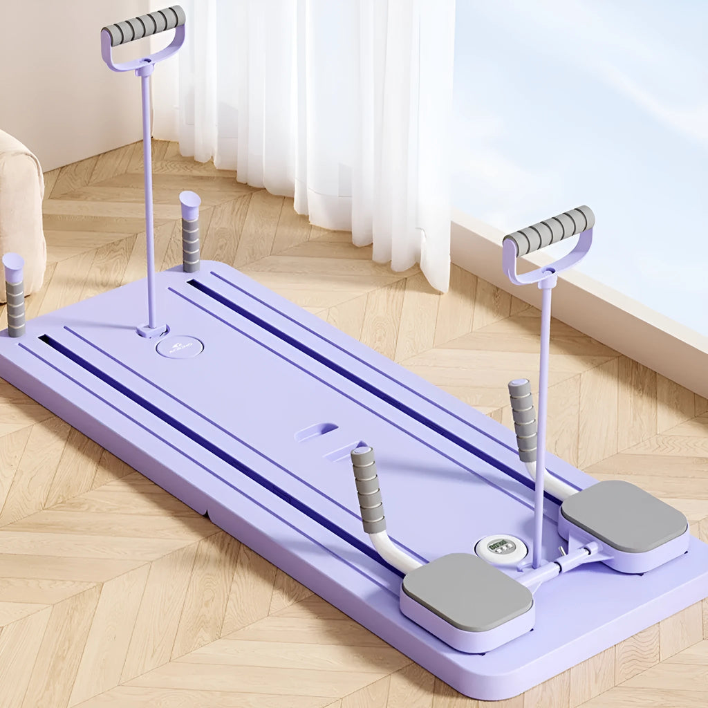 Purple PP material fitness board with automatic rebound abdominal wheel for home workouts
