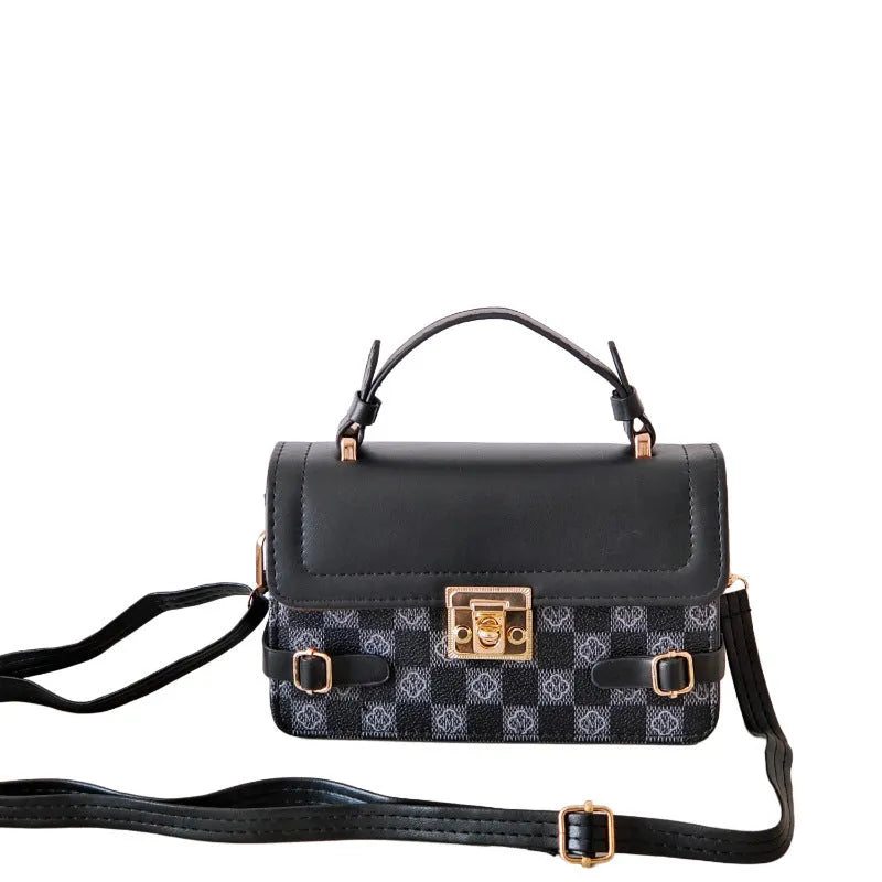 PU leather retro square pattern crossbody bag with floral decoration and file organisation compartment
