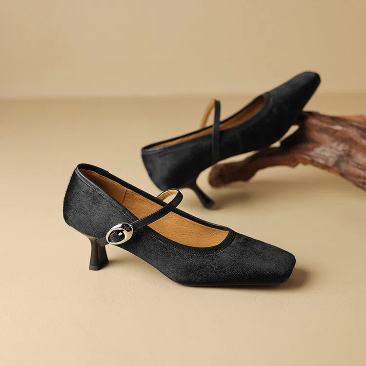 Women's black square toe stiletto ankle-strap heels with horse hair upper