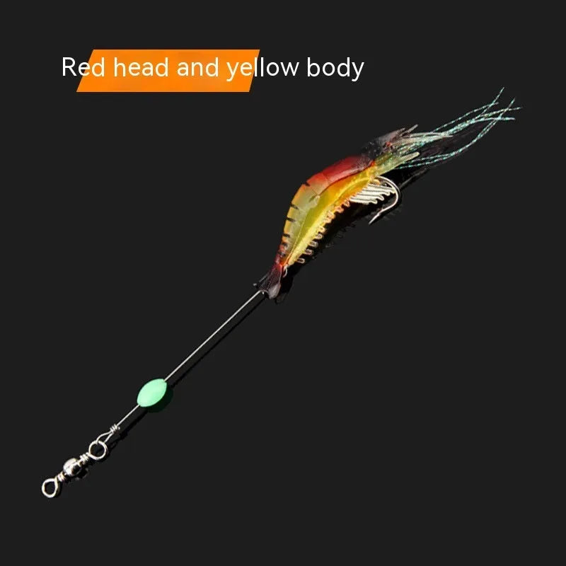 Six soft plastic fishing lures with integrated hooks in different colour variations including luminous patterns