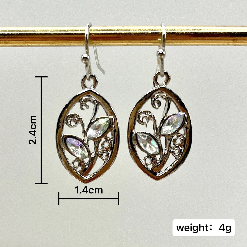 Silver-toned leaf-shaped earrings with embedded colourful moonstones for women