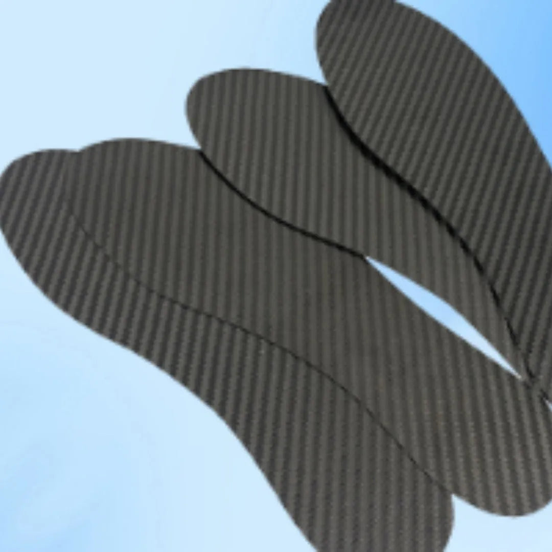 Black 3K carbon fibre running insoles showing full palm design for shock absorption