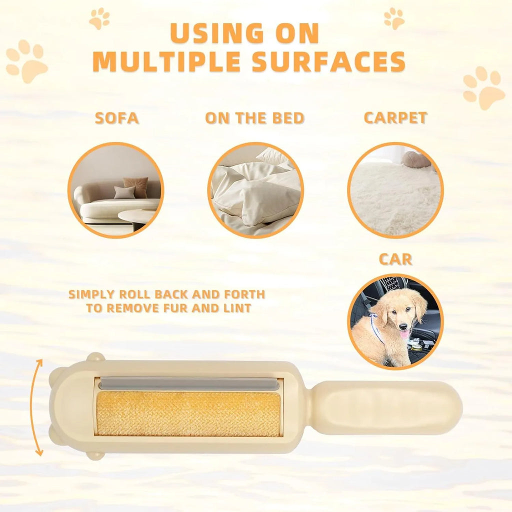 Blue pet hair remover roller with self-cleaning base on a fabric sofa.