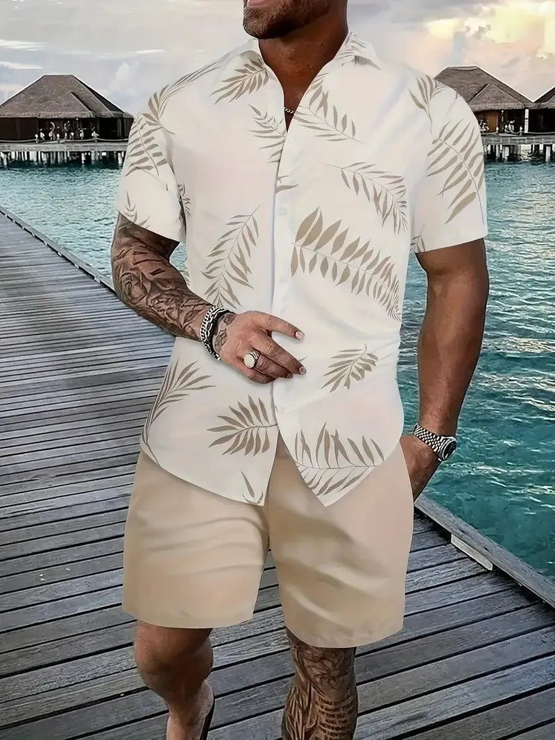 Men's Hawaiian 3D printed short sleeve suit with matching trousers in various colours