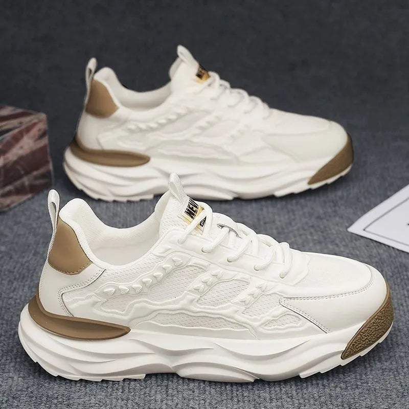 Men's white and black breathable mesh shoes with round toe design for leisure wear