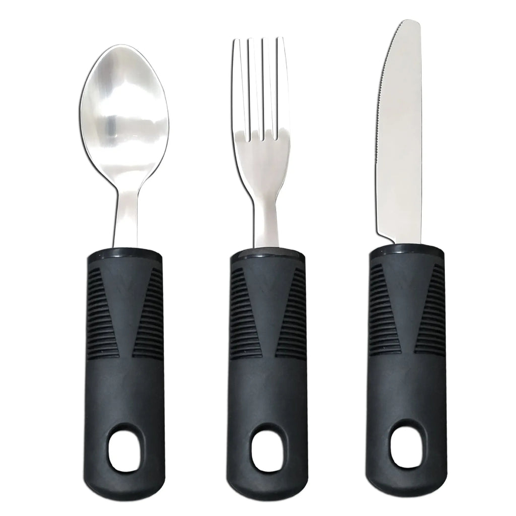 Adaptive cutlery set with stainless steel utensils and rubber grip handles for hand tremor assistance