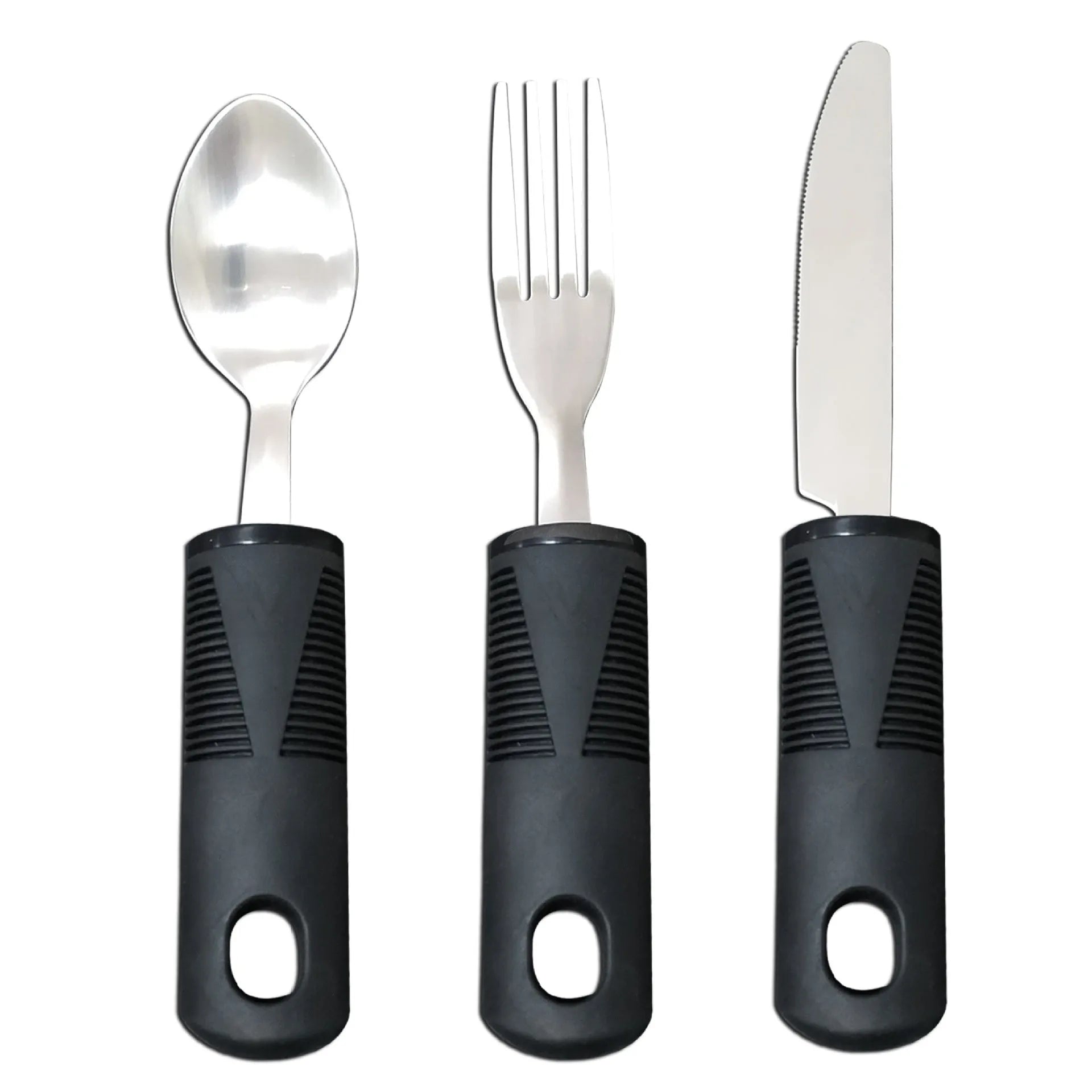 Adaptive cutlery set with stainless steel utensils and rubber grip handles for hand tremor assistance