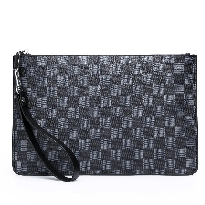 Men's black checkered pattern PU leather clutch showing card slots and handheld design.