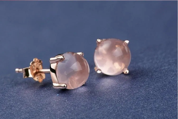 Rose gold drop stud earrings with synthetic ross quartz stone, Korean minimalist style