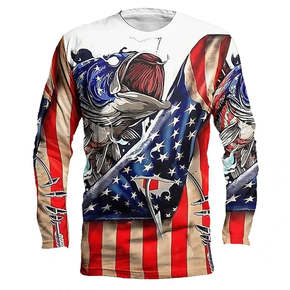 Men's grey round neck pullover with a colourful printed fish design on the front.