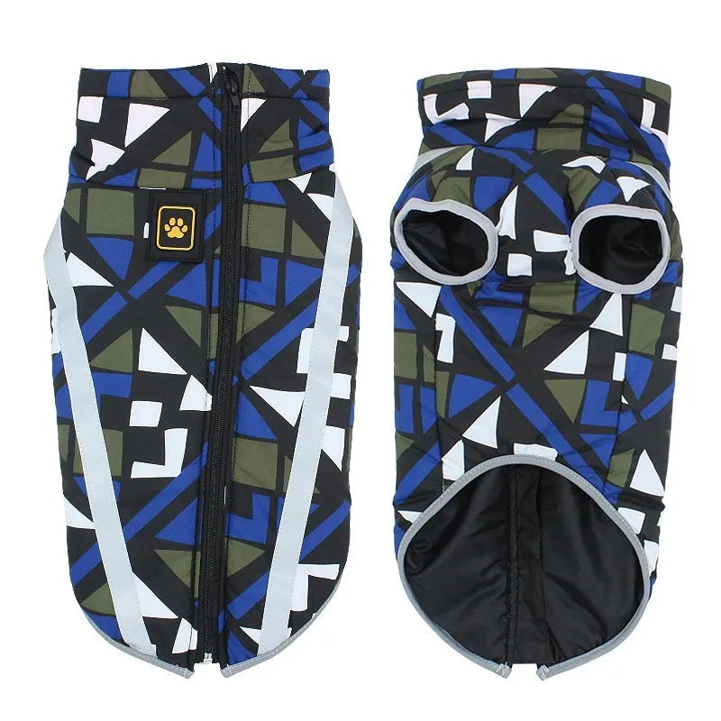 Reflective thick polyester dog warm shell jacket shown in geometric blue, suitable for cold weather walks.