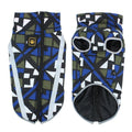 Reflective thick polyester dog warm shell jacket shown in geometric blue, suitable for cold weather walks.