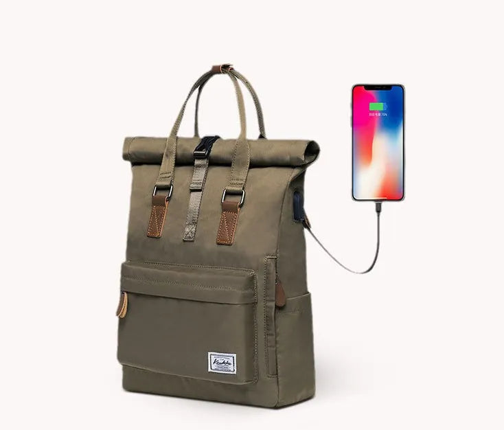 Men's casual polyester backpack in black showing cover-type opening and laptop pocket