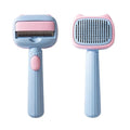Blue pet grooming brush with double-sided deshedding rake and dematting comb tool