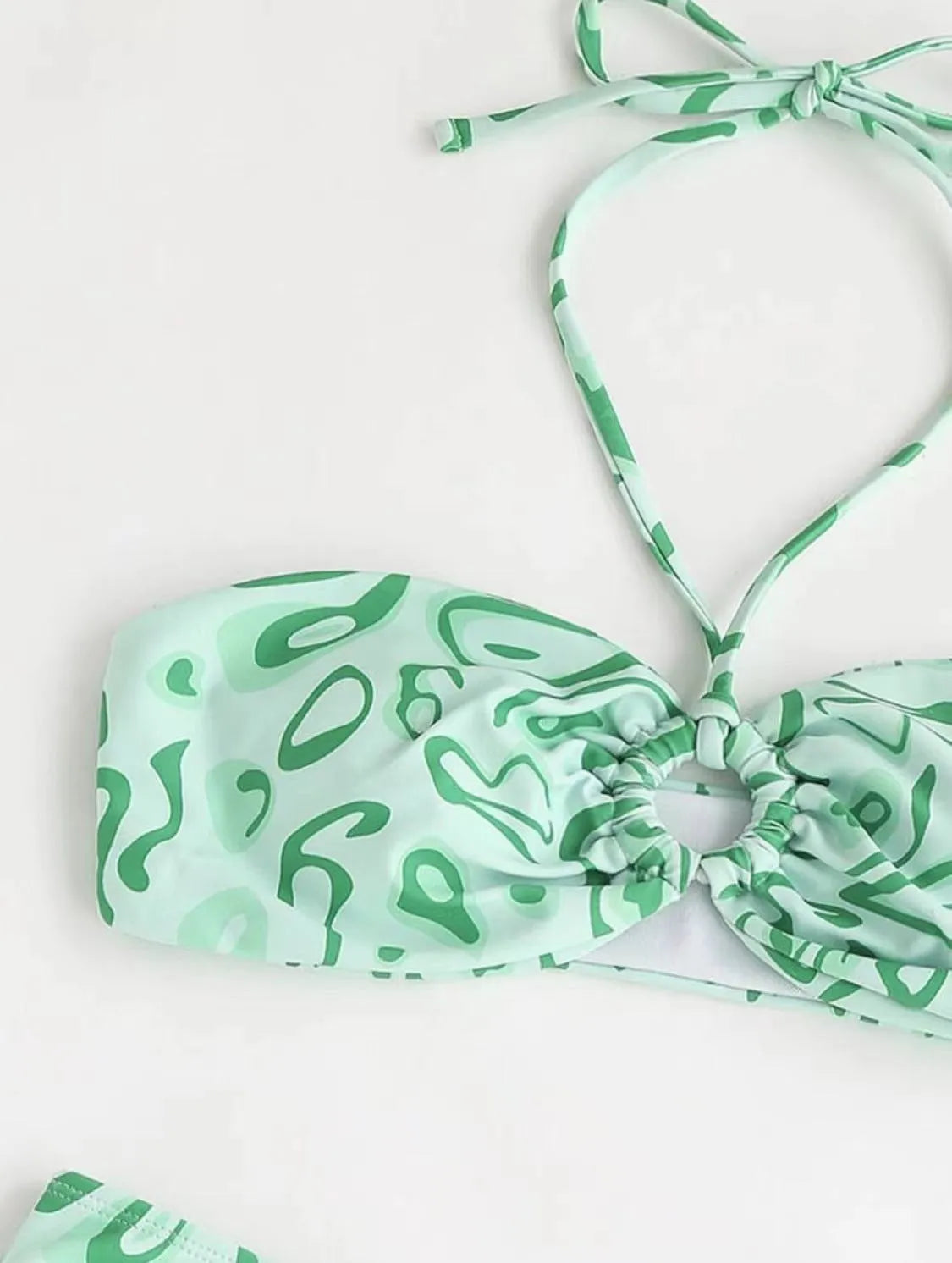 Green floral bandeau bikini swimsuit set with backless design and split bottoms