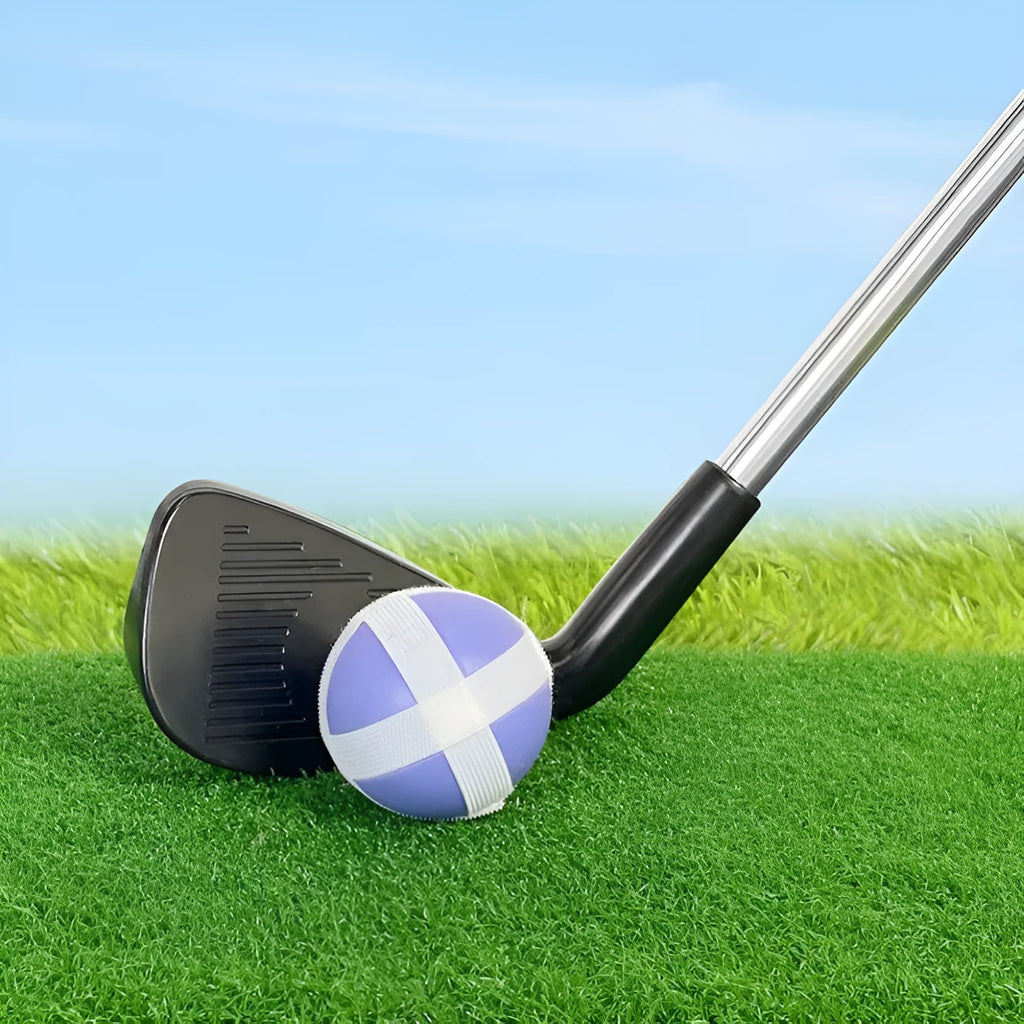 Metal golf club set showing adult and child colour variants for outdoor sports practice