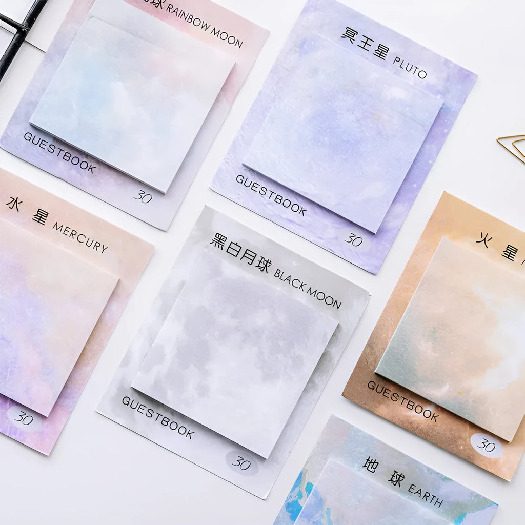 Square sticky notes pad with oil painting planet designs measuring 7.3cm x 7.3cm