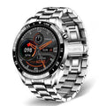 Smart watch with stainless steel wristband and 1.3 inch touch screen display showing step counter
