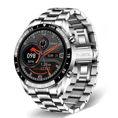 Smart watch with stainless steel wristband and 1.3 inch touch screen display showing step counter