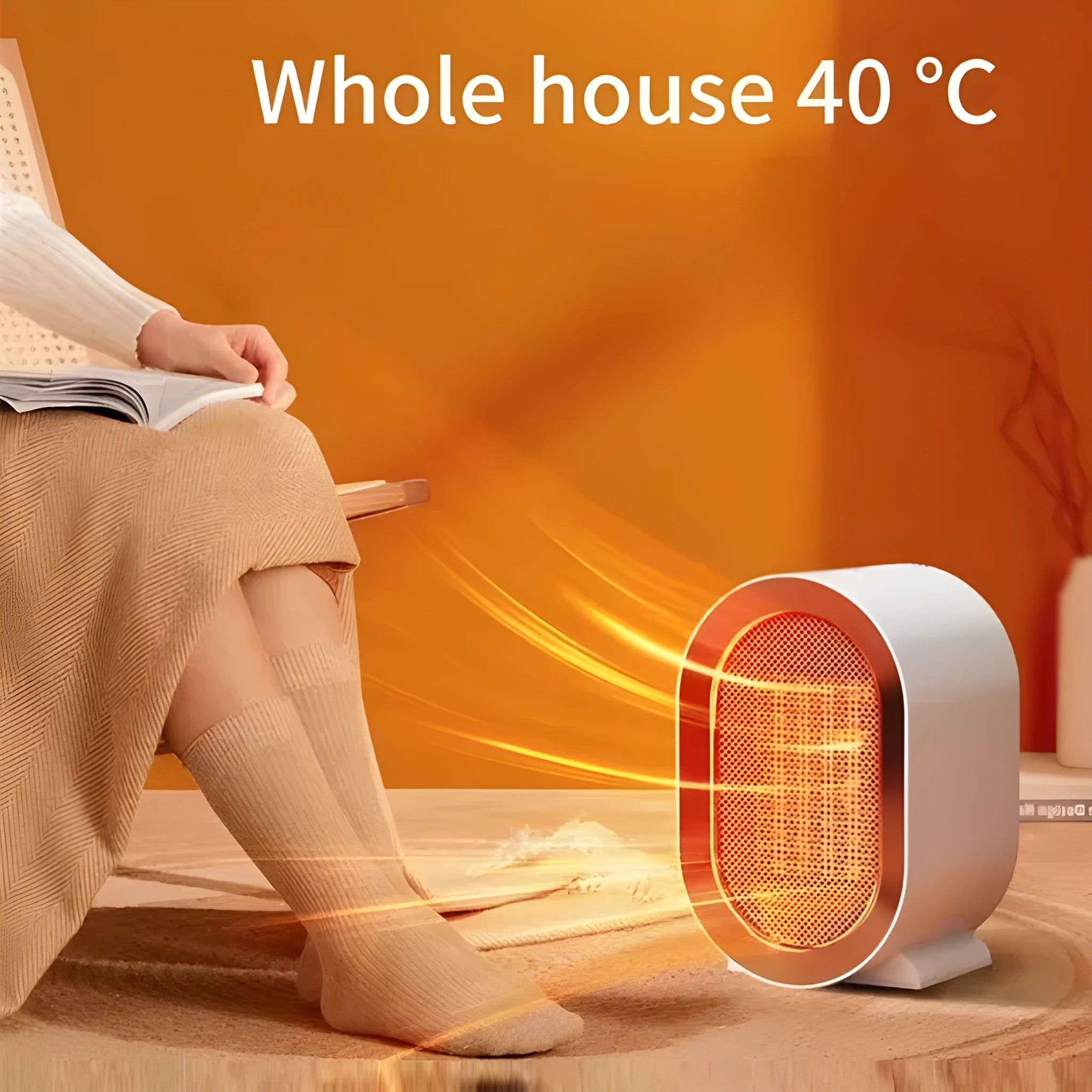 Desktop electric heater with cast metal housing and rotating air outlet in various colour options