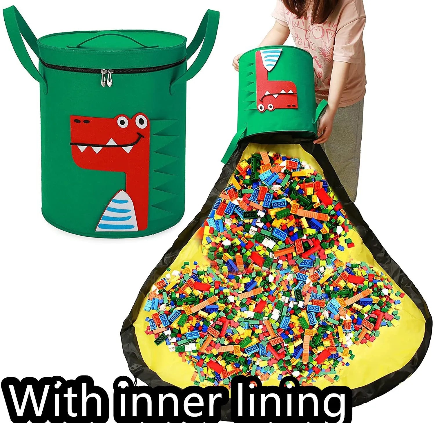 Green felt storage bag converted into a toy play mat with pull rope closure