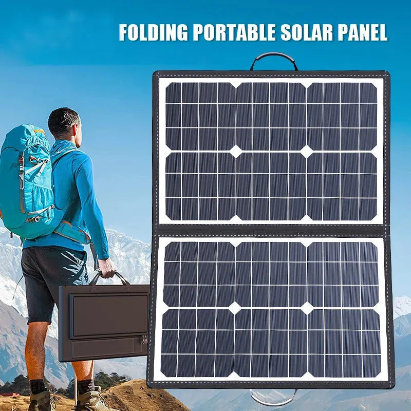 Black 40W monocrystalline solar panel in folded bag design showing compact 425mm by 285mm dimensions