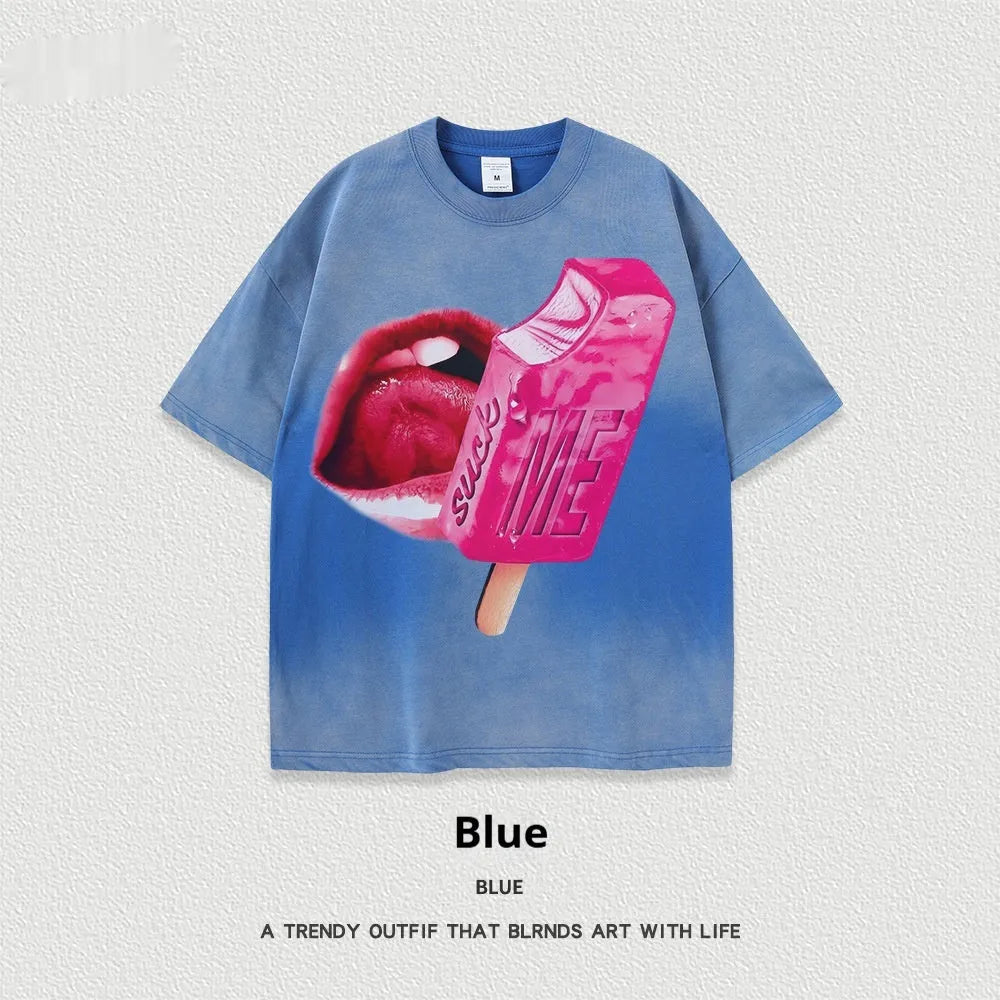 A loose-fit short-sleeved T-shirt with a cartoon print, shown in a heavy washed cotton fabric.