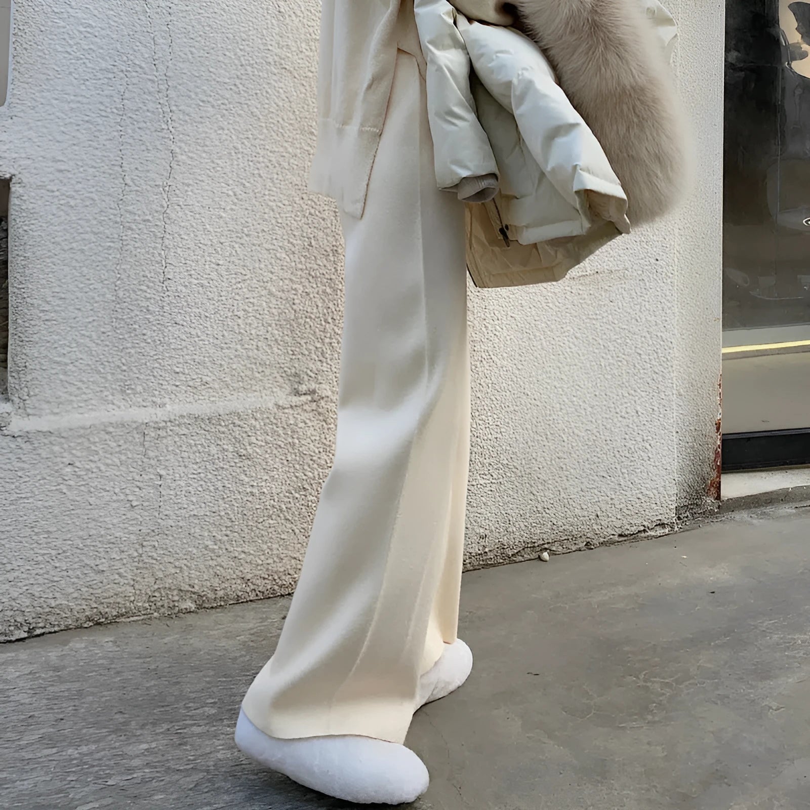 Women's cream white knitted wide-leg trousers with high waist and straight-leg drooping mopping casual style