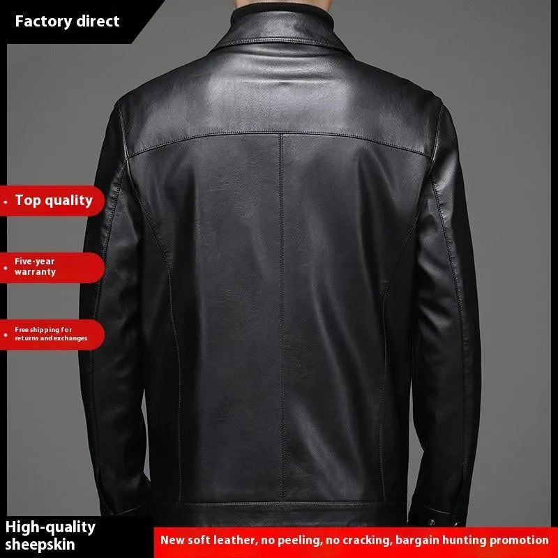 Thin fleece-lined genuine leather jacket in black colour block design with straight hem and loose fit