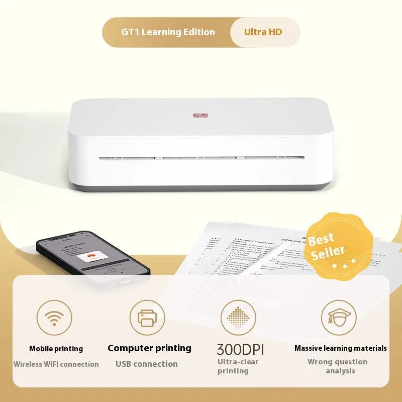 Small intelligent thermal printer with plastic housing, ribbon cartridge, and paper pack for remote learning and home printing.