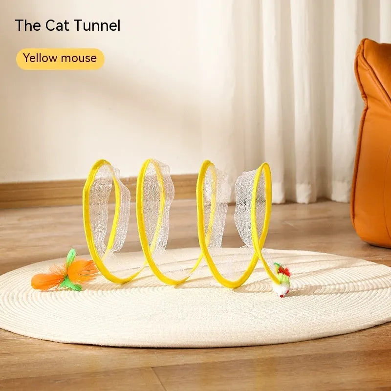 Folded cat tunnel S type in striped pattern with mouse and feather attachments on each end